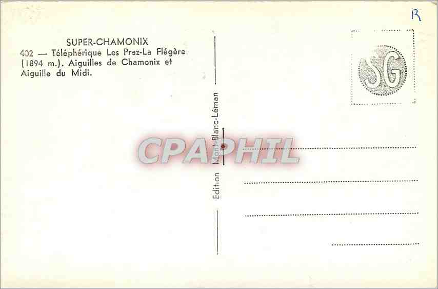 CPA SUPER CHAMONIX-Telepherique Les Pras-la-Flegere(1894m)Aiguilles de Chamonix et Aiguille du Midi — Verso