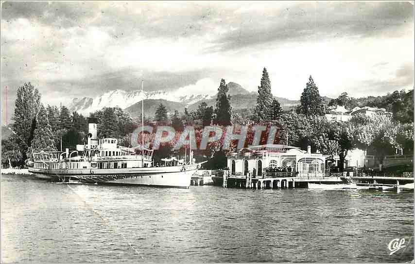 Antike Ansichtskarte EVIAN-LES-BAINS. Anlegestelle und Boot am Dent d'Orche