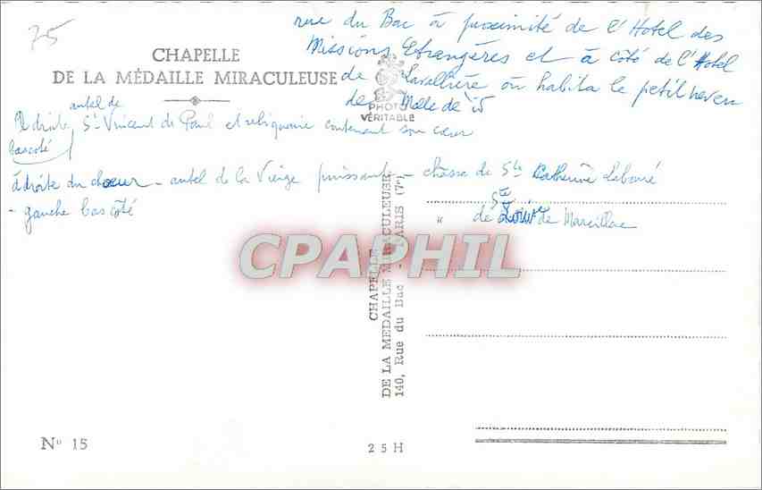CPA CHAPELLE DE A MEDAILLE MIRACULEUSE Paris — Rückseite