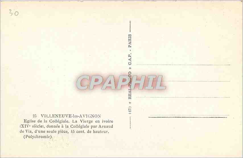 CPA VILLENEUVE LES AVIGNON Eglise de la Collegiale La vierge en ivoire — Verso