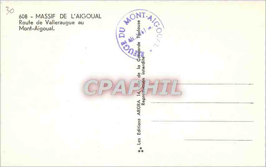 CPA MASSIF DE L'AIGOUAL-Route de Villeraugue au Mont Aigoual — Rückseite