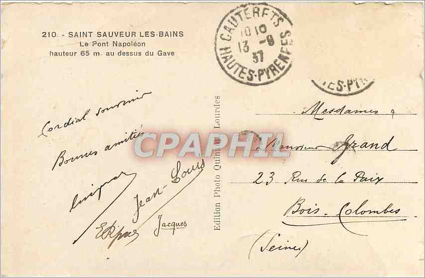CPA SAINT SAUVEUR LES BAINS-Le Pont napoleon — Rückseite