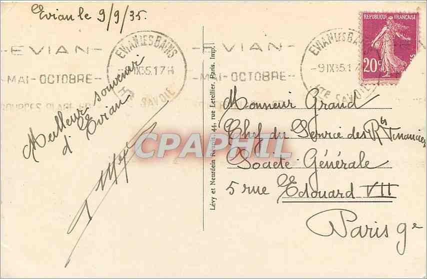 CPA EVIAN LES BAINS Le Lac — Verso
