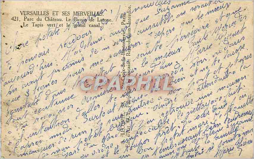 CPA VERSAILES ET SES MERVEILLES-Parc du Chateau. Le bassin de Latone-Le Tapis vert et le grand canal — Verso