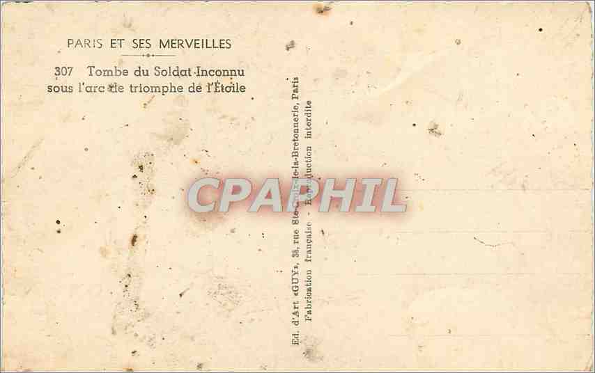 CPA PARIS ET SES MERVEILLES-Tombe du Soldat Inconnu sous l'rc de triomphe de l'Etoile — Rückseite