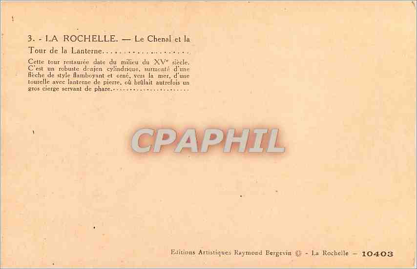 La Rochelle — Le Chenal et la Tour de la Lanterne — Éditions Artistiques Raymond Bergevin — Verso