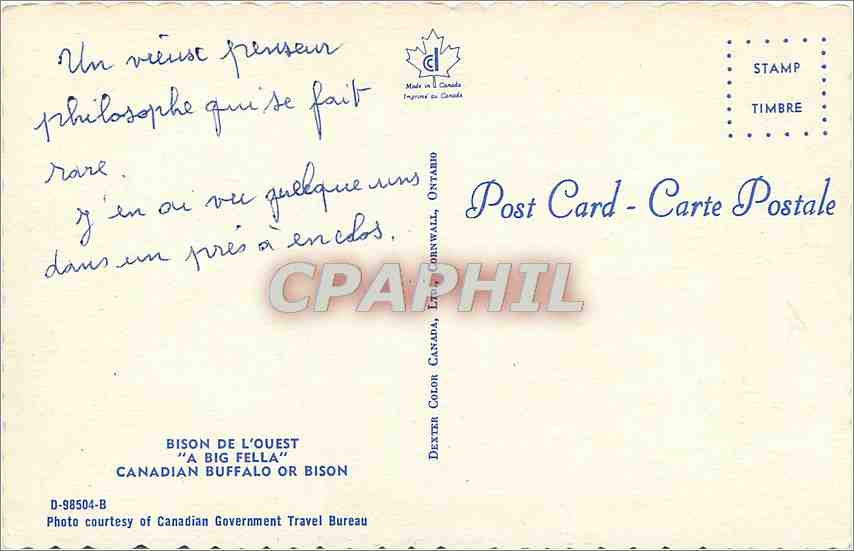 CPM BISON DE L'OUEST "A BIG FELLA" CANDIAN BUFFALO OR BISON — Rückseite