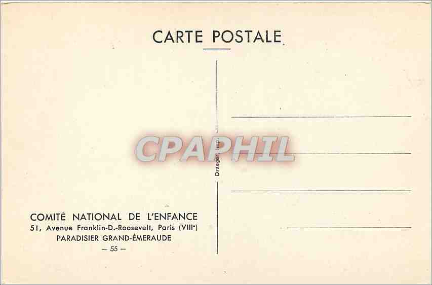 CPA COMITE NATIONAL DE L'ENFANCE-PARADISIER GRAND-EMEURAUDE Oiseau — Rückseite