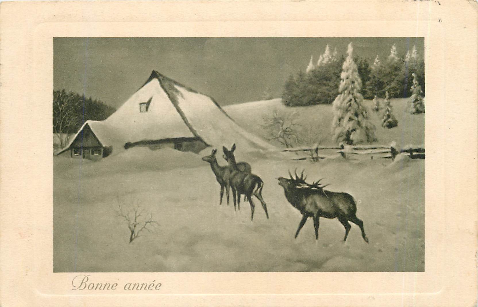 CPA BONNE ANNEE Cerfs Biches