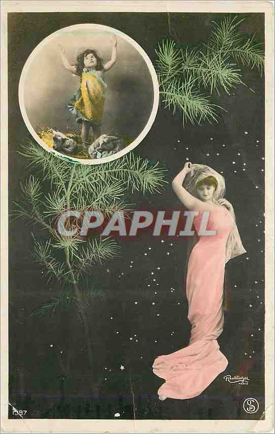 Femme en robe rose et enfant dans la lune — illustration artistique — René Rindtlinger, n° 267
