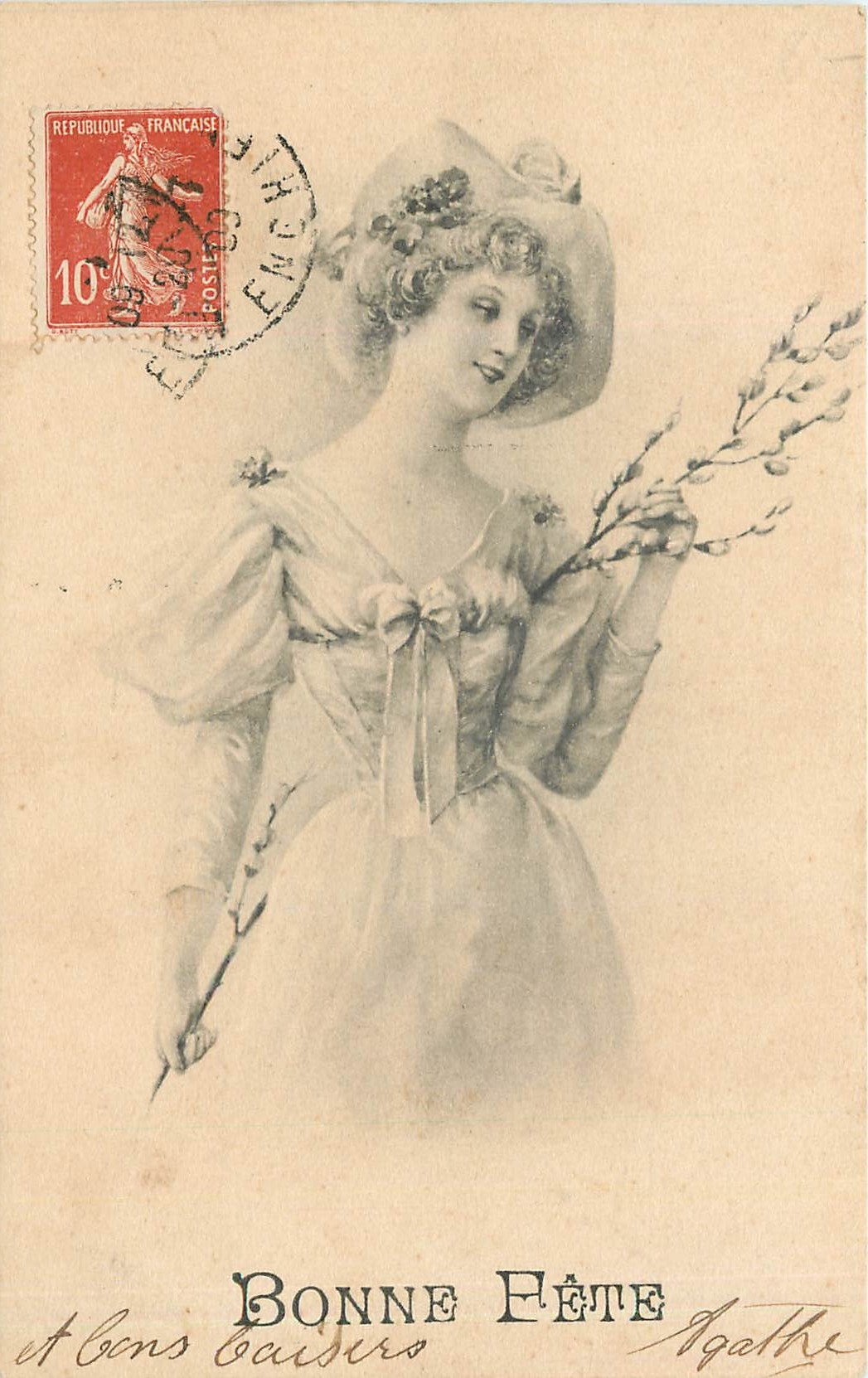 Femme en robe de style ancien — tenant des branches de cerisier — Agathe, éditeur Agathe