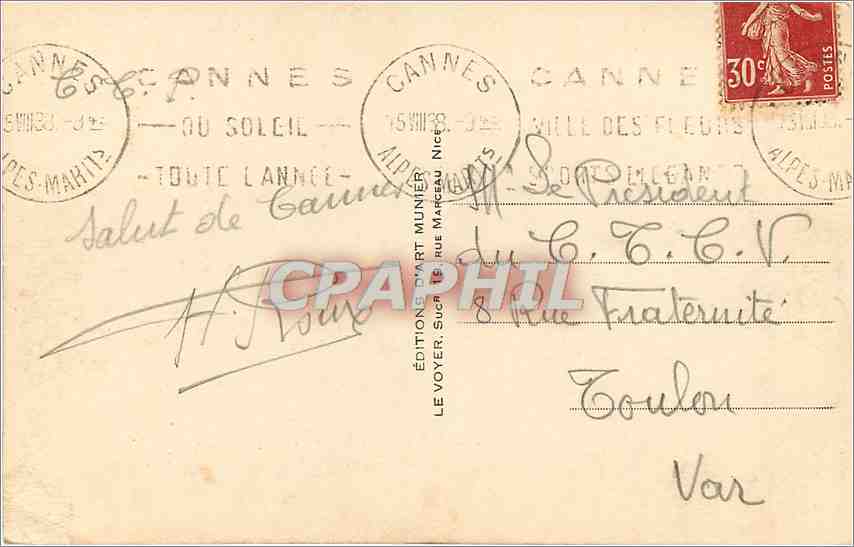 CPA CANNES - Vue à travers le Jardin Abert 1er — Verso