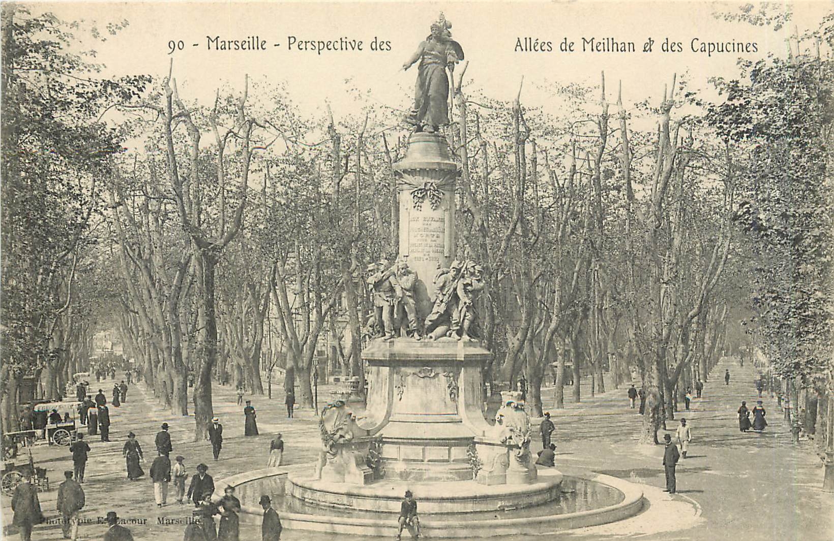 Marseille - Perspective des Allées de Meilhan et des Capucines — Monument central — Phototypie E. Lacour, Marseille