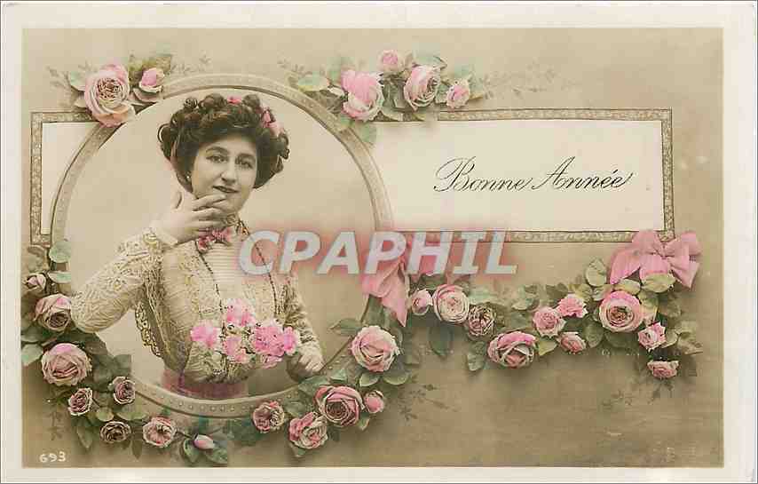 Femme en robe à dentelle — avec roses — éditeur anonyme, n° 693