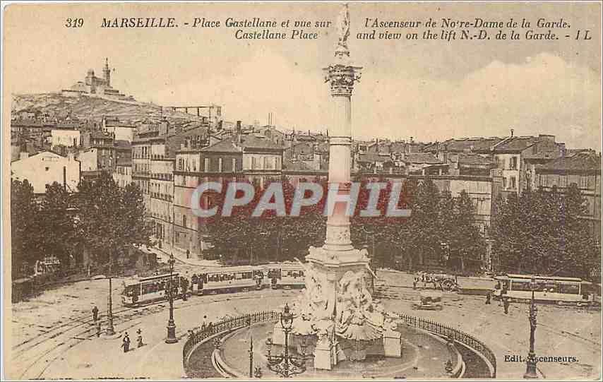 CPA MARSEILLE  Place Castellane et vue sur l'Ascensseur de Notre-Dame de la Guarde