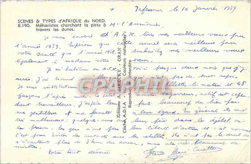 CPA Scènes & types d'Afrique du Nord. Méhariste cherchant la piste à travers les dunes Chameaux — Rückseite