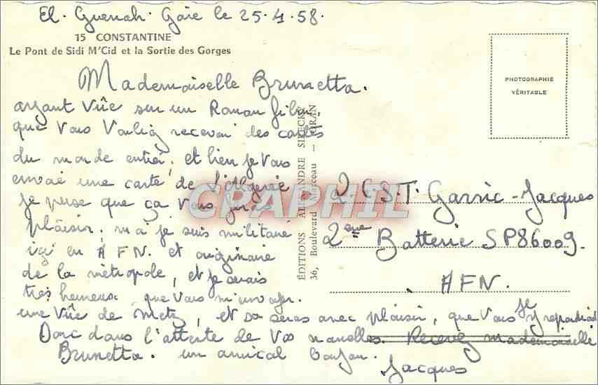 CPM Constantine - Le Pont de Sisi M'Cid et la sortie des Gorges — Rückseite