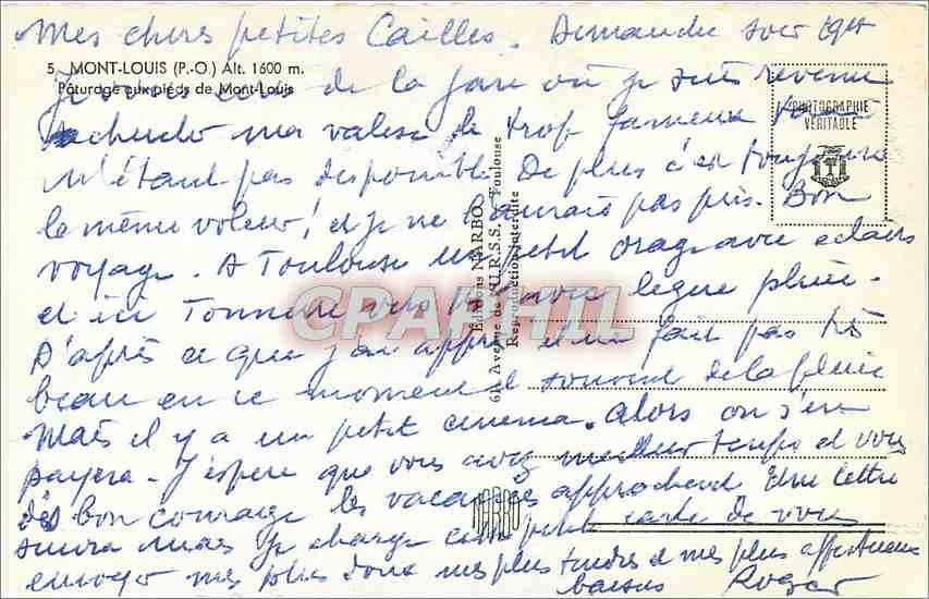 CPM Mont Louis P O Paturage aux pied de Mont Louis  — Rückseite