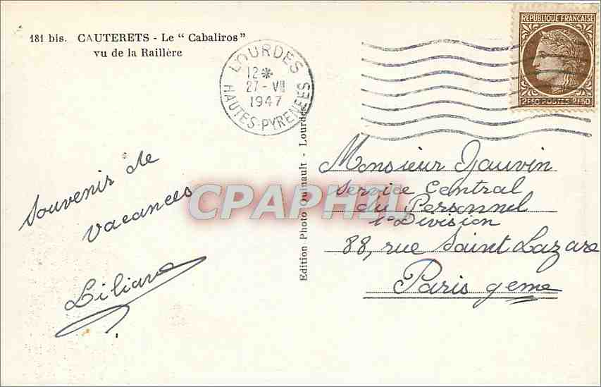 CPA Cauterets le Cabaliros vu de la Raillere  — Rückseite