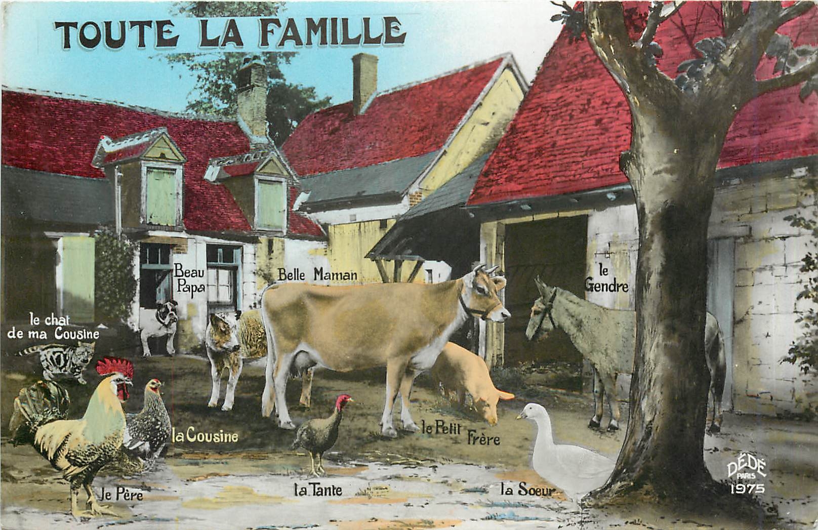 CPA Toute la Famille Ferme Vache Coq Ane Mule Chien Vache Dinde Chat Chaton 