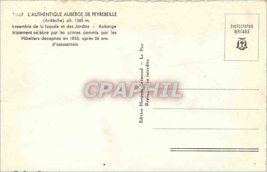 Die Auberge de Peyrebeille — Ardèche — Edition Martet-Dérimond — Rückseite