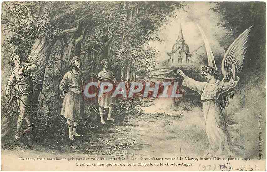 CPA En 1212 trois marchands pris par des voleurs et attaches a des arbres s'etant voues a la Vierge 