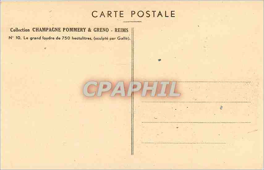 CPA Collection Champagne Pommery et Greno Reims le grand foudre de 750 hectolitres sculpte par Galle — Verso