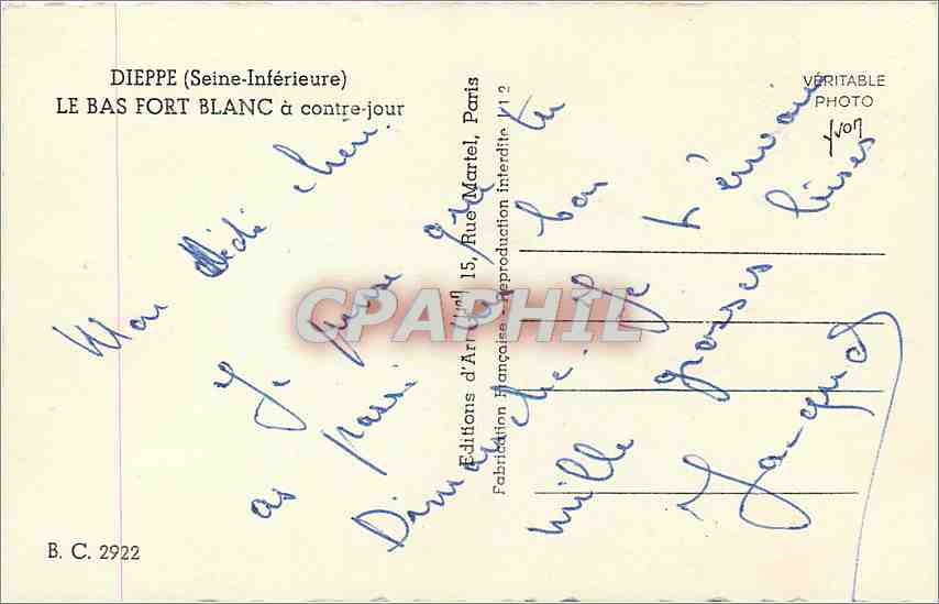 CPM Dieppe Seine Inferieure le Bas fort Blanc a contre Jour  — Rückseite
