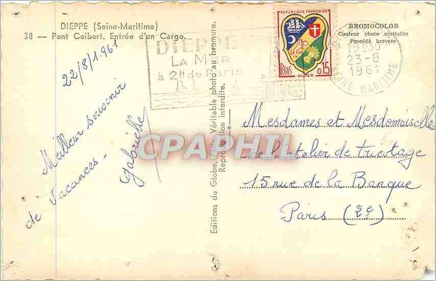 CPM Dieppe Seine Maritime Pont Colbert Entree d'un Cargo Bateau — Verso