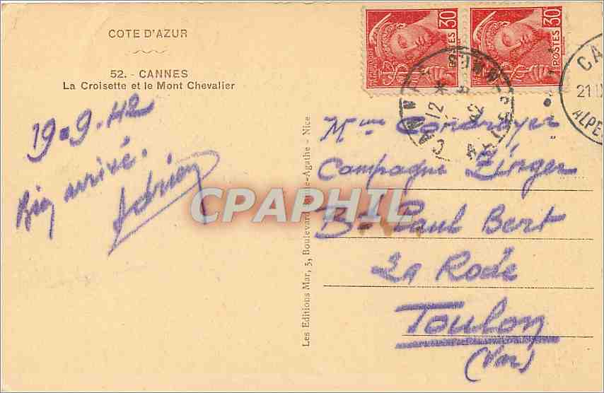 CPA Cote d'Azur Cannes la Croisette et le Mont Chevalier  — Verso