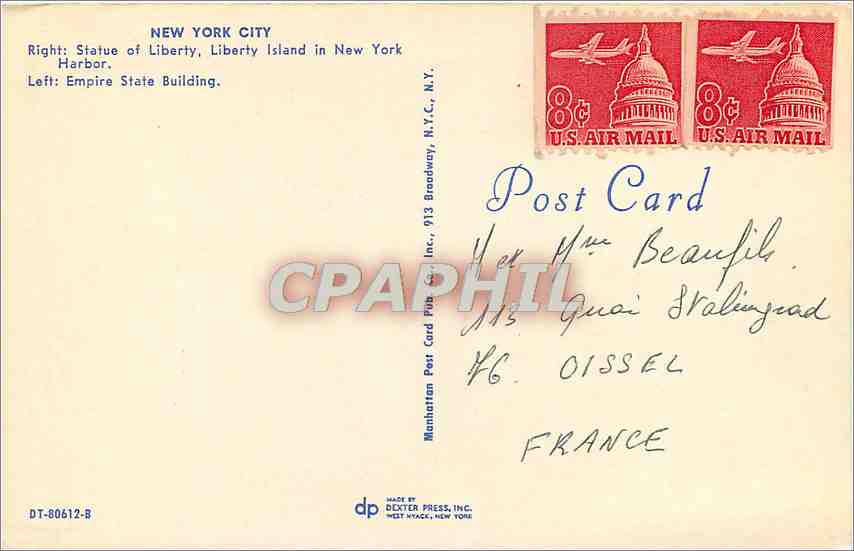 CPM New York City Right Statue of Liberty Liberty island in New York Harbor Left Empire State Buildi — Rückseite