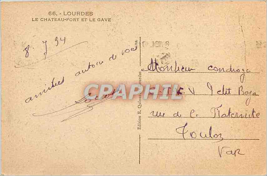 CPA Lourdes le Chateau Fort et le Gave  — Verso