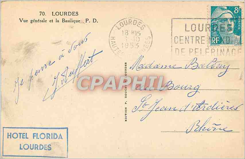 CPA Lourdes vue generale et la Basilique  — Verso