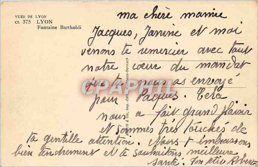 CPA Vues de Lyon Lyon Fontaine Bartholdi  — Verso