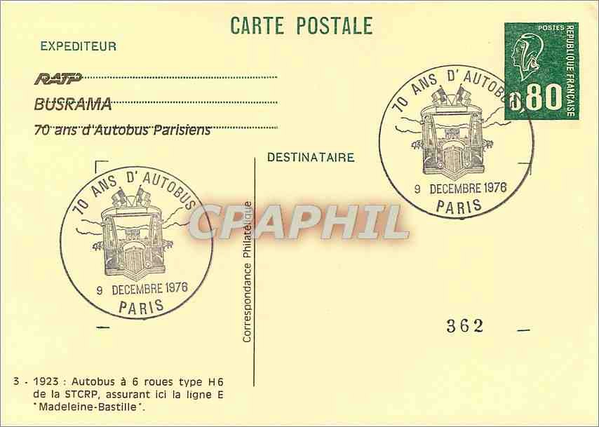 CPM 1923 Autobus a 6 roues type h6 de la Stcrp assurant ici la ligne E Madeleine Bastille  — Rückseite