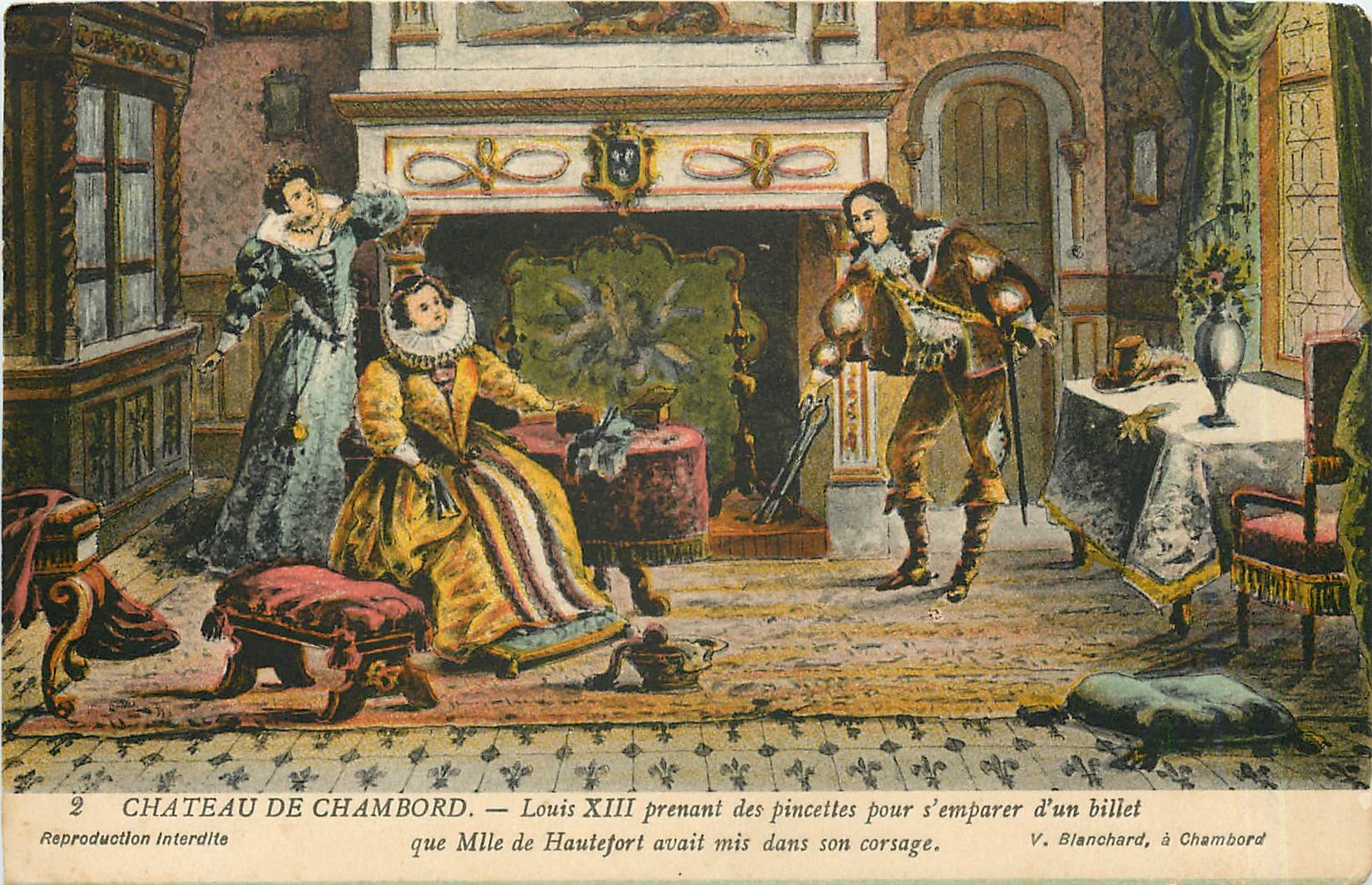 Château de Chambord — Louis XIII taking tongs to seize a note that Mlle de Hautefort had placed in his bodice — V. Blanchard, at Chambord