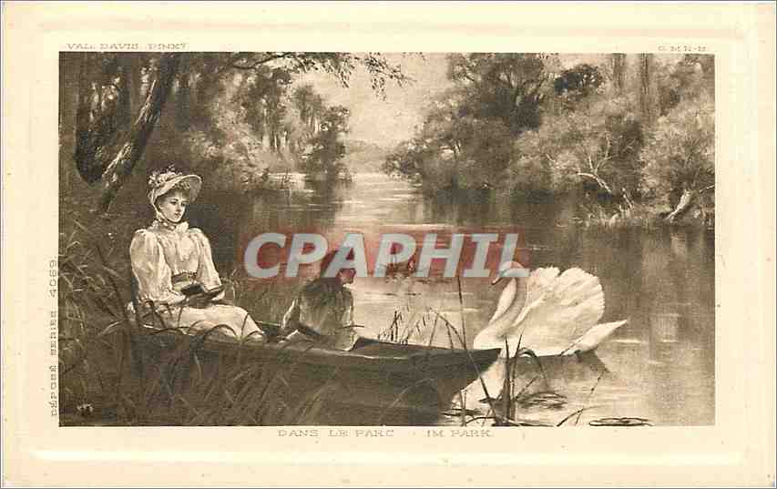 CPA Dans le parc Femme Barque Cygne