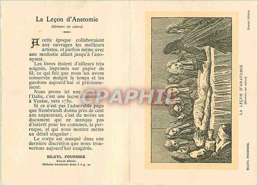 Die Anatomievorlesung — Kupferstich — Verlag von Les Laboratoires Fournier Frères — Rückseite