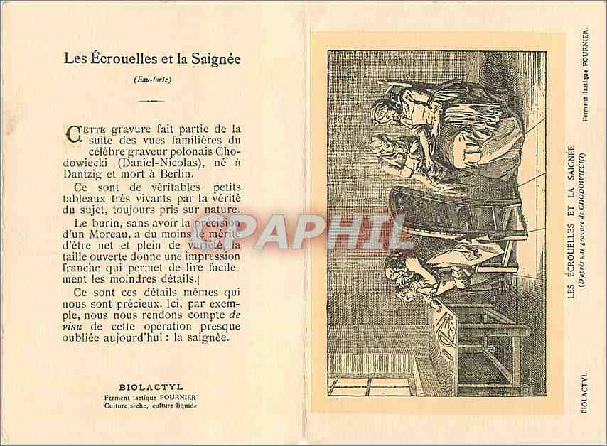 Les Écorouelles et la Saignée — gravure de Chodowiecki — éditée par Les Laboratoires Fournier Frères — Verso