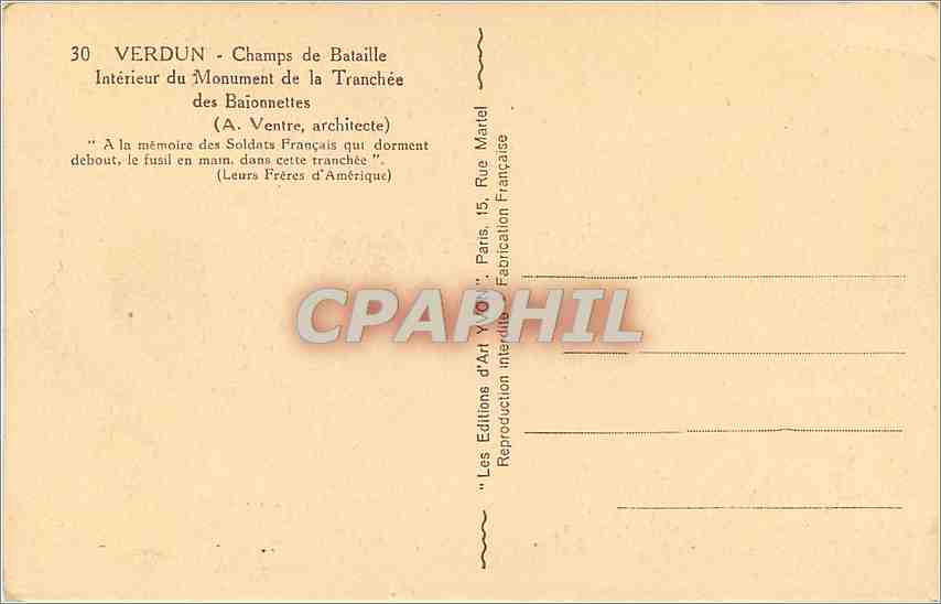 CPA Verdun Champs de Bataille interieur du monument de la Tranchee des Baionnettes  — Rückseite
