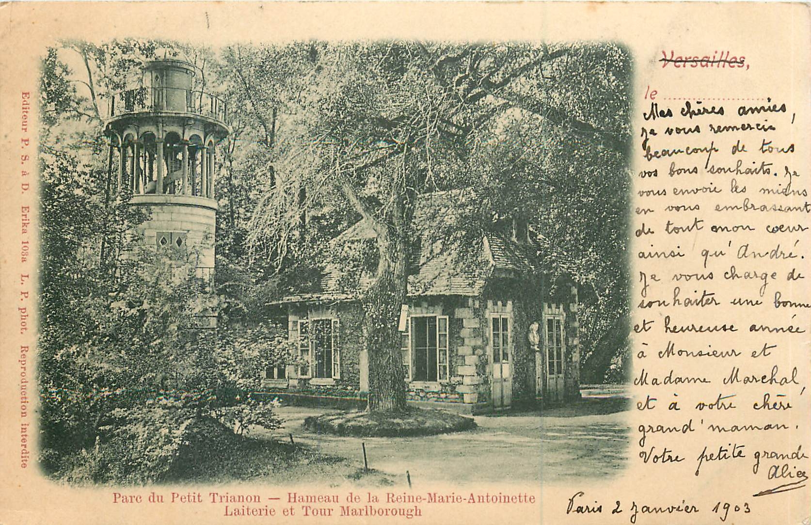 Parc du Petit Trianon — Queen Marie-Antoinette's Hamlet and Marlborough Tower — Publisher P. S. & D. Erika 1038