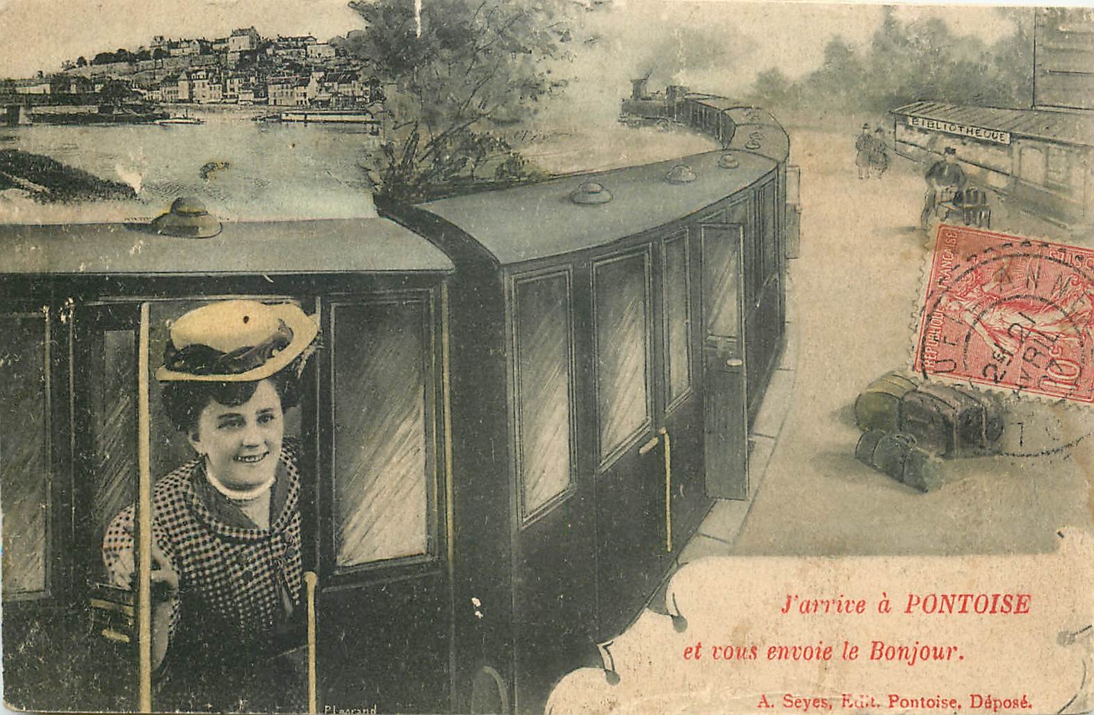 CPA J'arrive a Pontoise et vous envoie le Bonjour Train