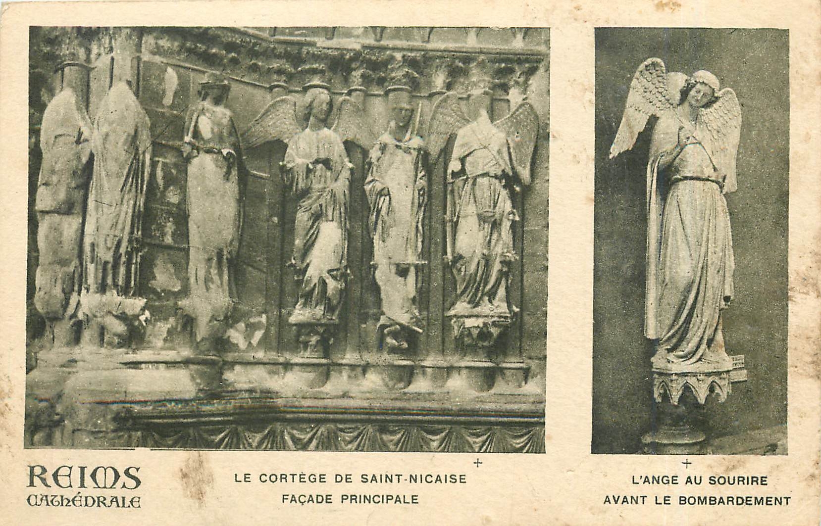 CPA Reims Cathedrale le cortege de Saint Nicaise facade principale l'ange au sourire avant le bombar