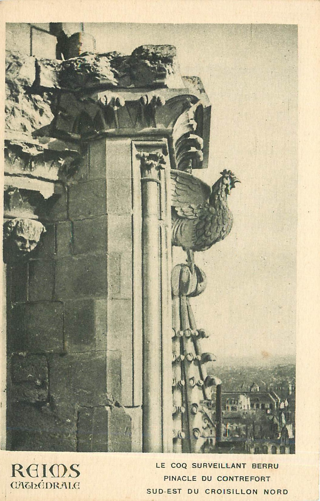 Reims - Cathédrale - Le Coq surveillant Berru, pinacle du croisillon nord
