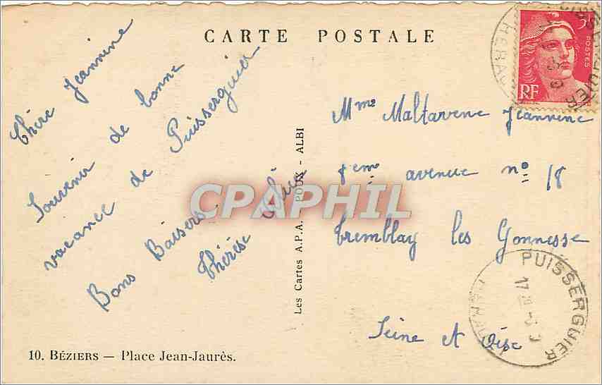 CPA Beziers Place Jean Jaures  — Back