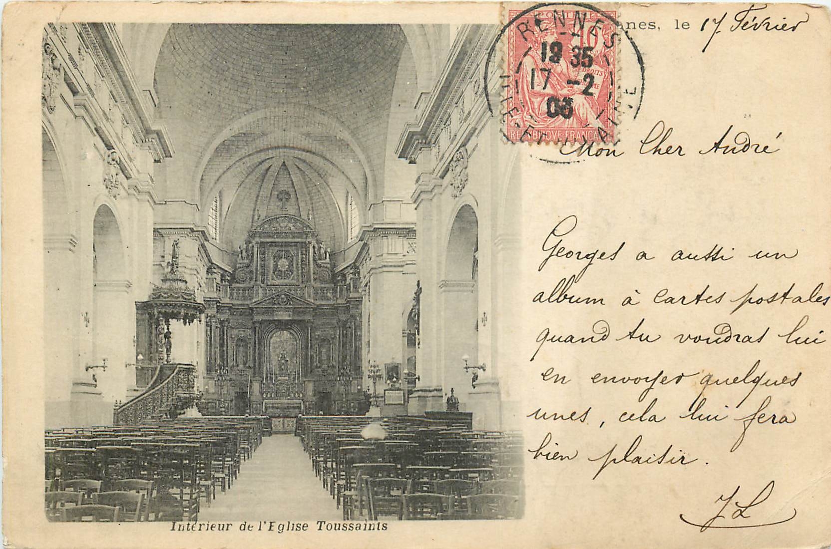 Intérieur de l'Église Toussaints — Rennes — éditeur non identifié, n° de série non visible