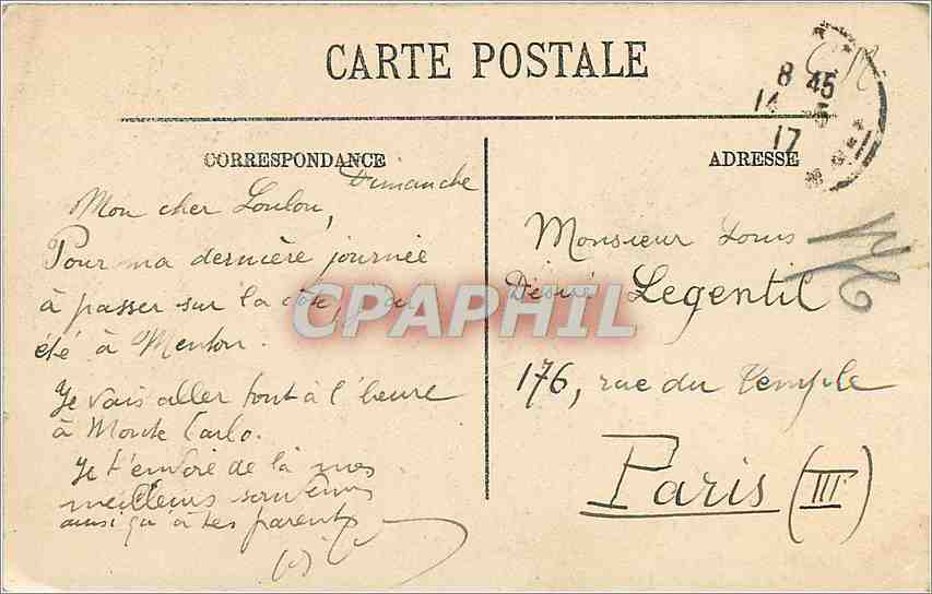 CPA Menton Vue prise de la Frontiere  — Rückseite
