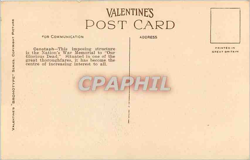 Le Cenotaph et Parliament Street, Londres — Valentine's 'Bromotype' série n°85075 — Verso