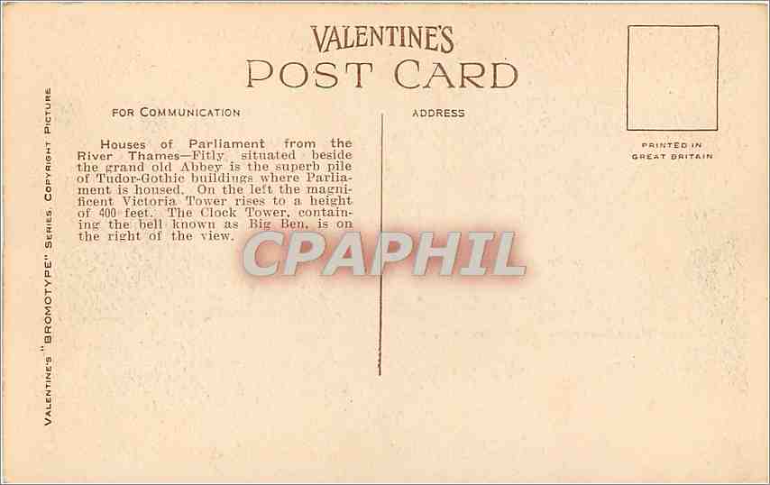Houses of Parliament, London — vue depuis la Tamise — Valentine's Bromotype Series, n° 87176 — Verso