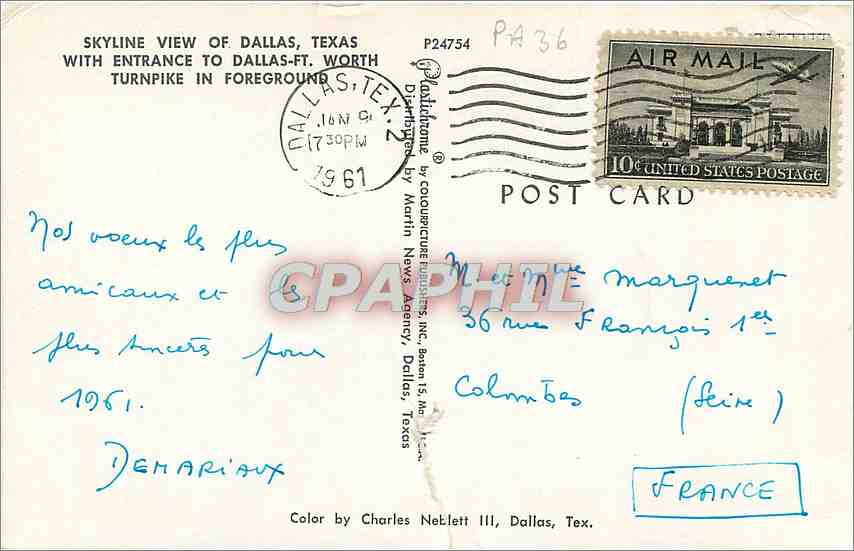 CPM Skyline View of Dallas Texas with Entrance to Dallas ft  — Rückseite